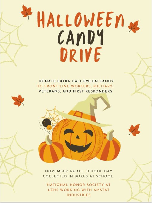 Hey District 95 Community, do you have extra Halloween candy? Donate it next week Tuesday-Friday in the main office of your school! NHS, with the help of Amstat Industries, will donate the candy to front line workers, military, veterans, and first responders!! Happy Halloween!!