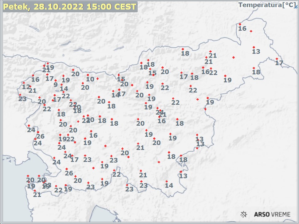 Sončno in toplo popoldne☀️. V Škocjanu pri Divači se je ogrelo kar do 26 °C, v Biljah pri NG in v Godnjah na Krasu do 24,9 °C. Zelo toplo je tudi v višjih legah, v Novi vasi na Blokah 22,8 °C in Zadlogu 21,9 °C. Bolj sveže na JV, kjer vztraja nizka oblačnost.☁️ #BabjePoletje