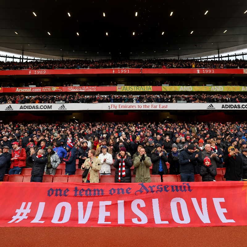 Arsenal's tweet photo. We are proud to support Stonewall's Rainbow Laces campaign 🏳️‍🌈