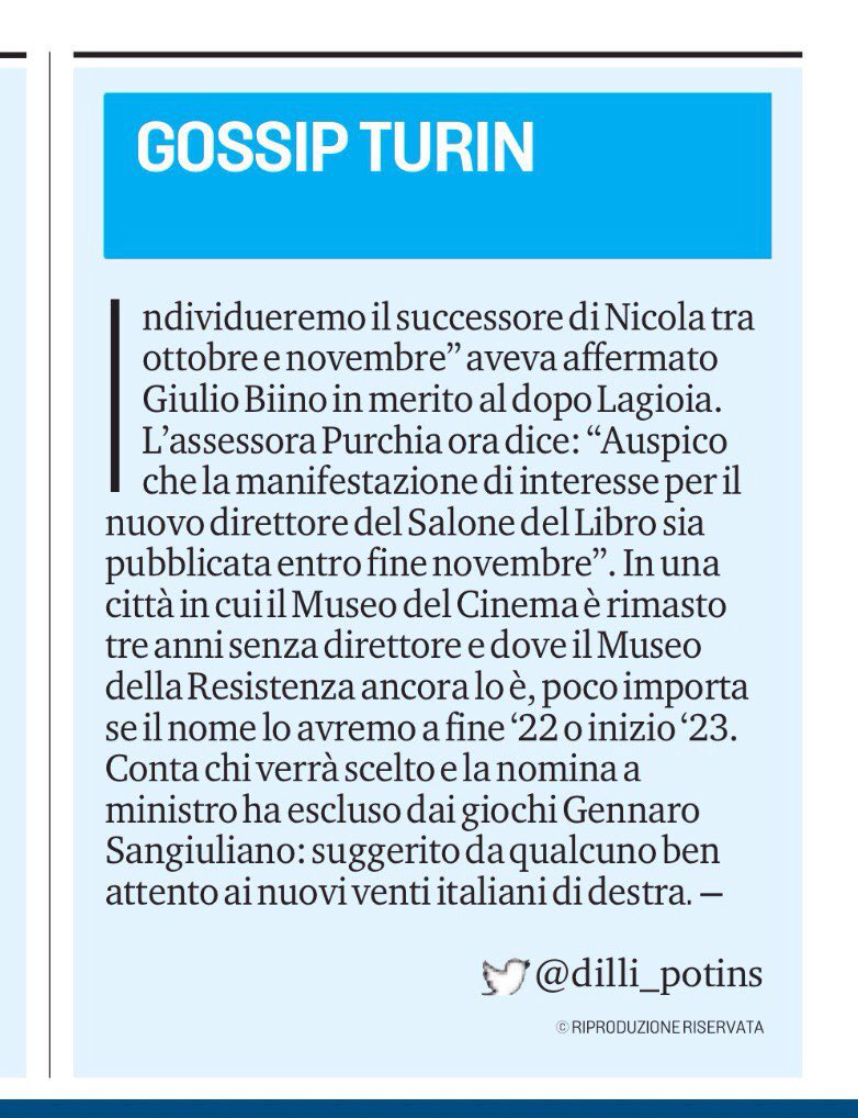 Direttore del <a href="/SalonedelLibro/">Salone Libro Torino</a> cercasi
#gossipturin è sulla carta e online su <a href="/LaStampa/">La Stampa</a> - <a href="/TorinoSette/">Torino Sette</a>