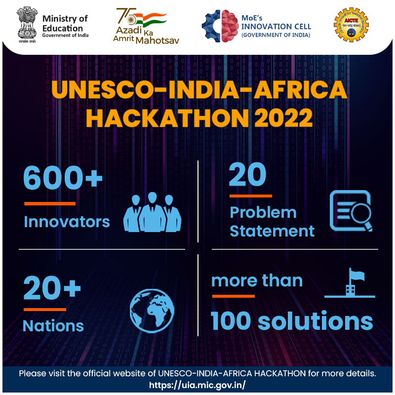 mhrd_innovation's tweet photo. Bigger!! Grander!! UNESCO India-Africa Hackathon.

Coming Soon...

For more details visit the official website https://t.co/4WfwhsWKWB
#UIA #UIAH #IndiaAfricaHackathon #Africa #India https://t.co/dvW2S2BUw4