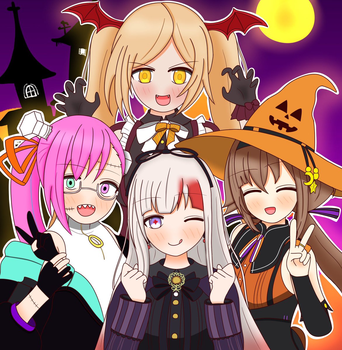 multiple girls 4girls halloween hat moon one eye closed tongue  illustration images