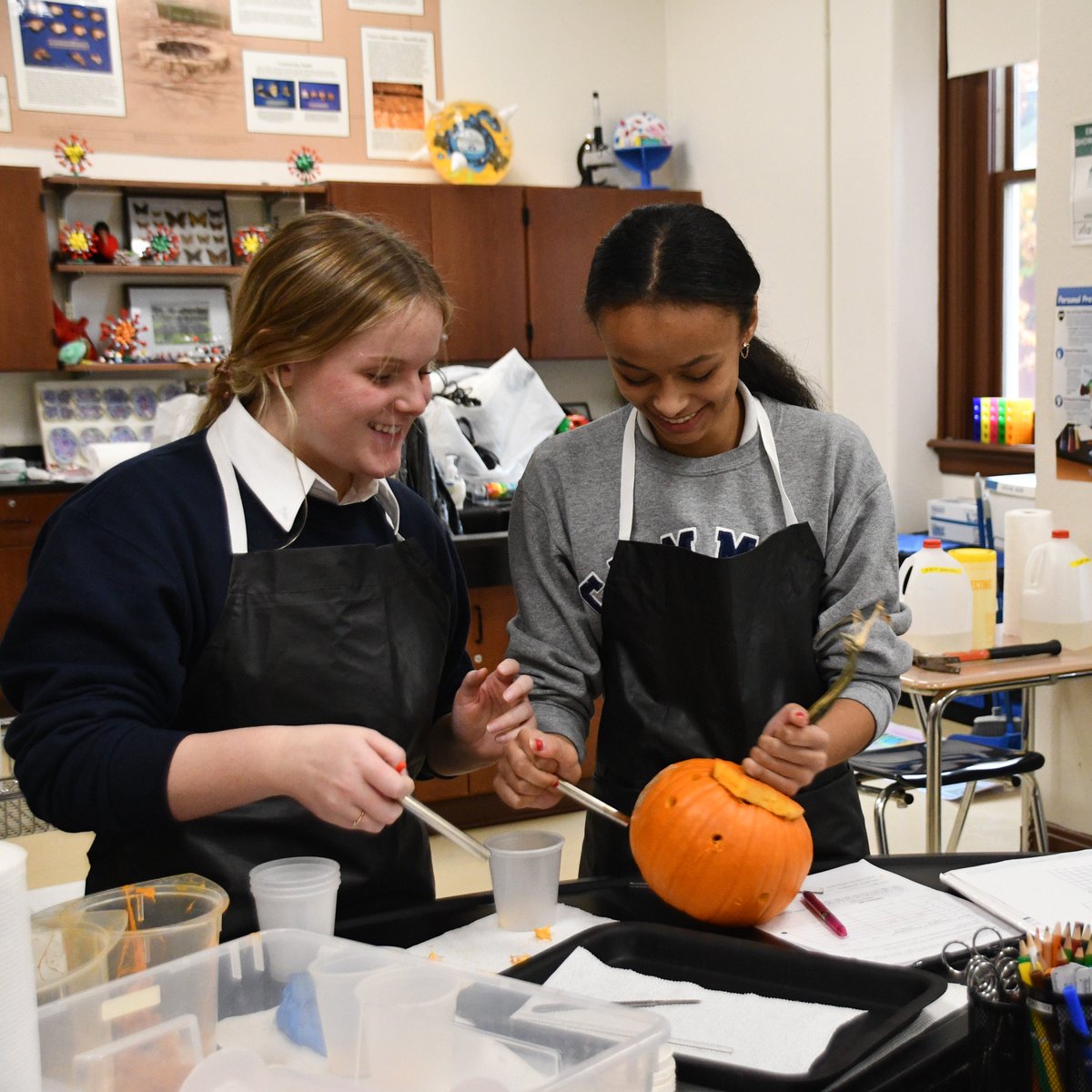 SummitCDS's tweet photo. π AP Bio students prepped for a lesson on the osmolarity of plant tissues and water potential with a pumpkin statistics activity. Messy but fun work in the science lab! #rigor #fivepillars #scienceisfun #pumpkinspicedlabwork #summitcds https://t.co/yDJvtTH5HP