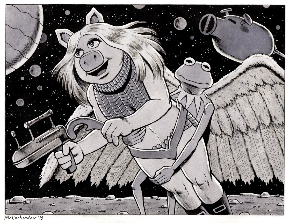 brucemccorkinda's tweet photo. A month of #Muptober flashbacks! Day 28, 2019: A Muppet version of BARBARELLA featuring Miss Piggy and Kermit the Frog. Mixed media on 8.5 X 11" bristol board. #ArthouseMuppets https://t.co/SpT0qb9OG5