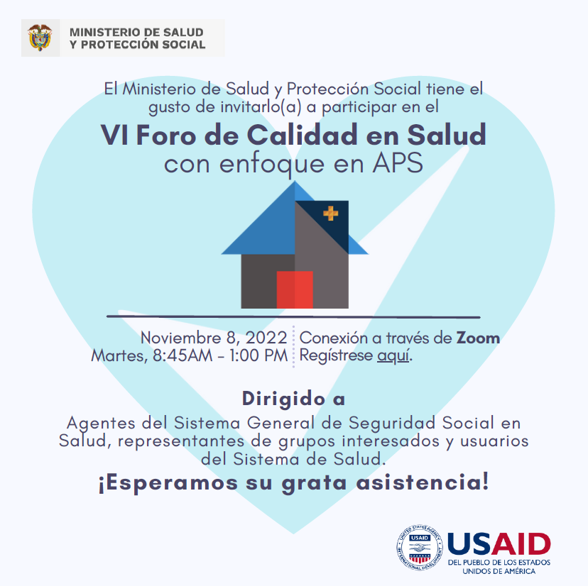 #Agéndese 📆 l El martes 08 de noviembre se llevará a cabo el VI Foro de Calidad en Salud con enfoque en APS, desarrollado por el Ministerio de Salud y Protección Social y USAID/Colombia 👏

Regístrese aquí 👉 bit.ly/3SNi5Q6