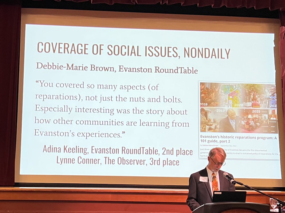 dmbrown_tboy's tweet image. Yesterday was the @NINA_for_news award’s ceremony. I won my first journalism awards for my coverage of Black Evanston and Evanston’s reparations project with @EvRoundTable! I won first place in Best Personality Profile, Best Coverage of Social Issues and Best Video! 🕺🏾