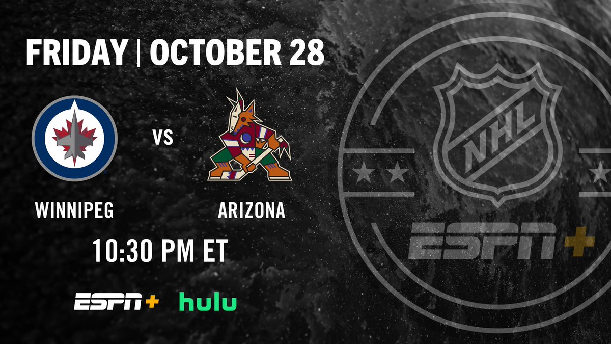 ESPN PR (@espnpr) on Twitter photo Friday, the <a href="/ArizonaCoyotes/">Arizona Coyotes</a> host the <a href="/NHLJets/">Winnipeg Jets</a> in their #NHL season home opener at the new <a href="/MullettArena/">Mullett Arena</a> on <a href="/ASU/">Arizona State University</a>'s campus
🏒 10:30p ET | <a href="/ESPNPlus/">ESPN+</a>, <a href="/hulu/">Hulu</a>
🎙 <a href="/Buccigross/">BucciOT.Com</a>, <a href="/BrianBoucher33/">Brian Boucher</a>, <a href="/leahhextall/">Leah Hextall</a>
Studio | <a href="/Arda/">ᴀʀᴅᴀ Öᴄᴀʟ</a>, <a href="/NHLBarryMelrose/">Barry Melrose</a> Friday, the <a href="/ArizonaCoyotes/">Arizona Coyotes</a> host the <a href="/NHLJets/">Winnipeg Jets</a> in their #NHL season home opener at the new <a href="/MullettArena/">Mullett Arena</a> on <a href="/ASU/">Arizona State University</a>'s campus
🏒 10:30p ET | <a href="/ESPNPlus/">ESPN+</a>, <a href="/hulu/">Hulu</a>
🎙 <a href="/Buccigross/">BucciOT.Com</a>, <a href="/BrianBoucher33/">Brian Boucher</a>, <a href="/leahhextall/">Leah Hextall</a>
Studio | <a href="/Arda/">ᴀʀᴅᴀ Öᴄᴀʟ</a>, <a href="/NHLBarryMelrose/">Barry Melrose</a>
