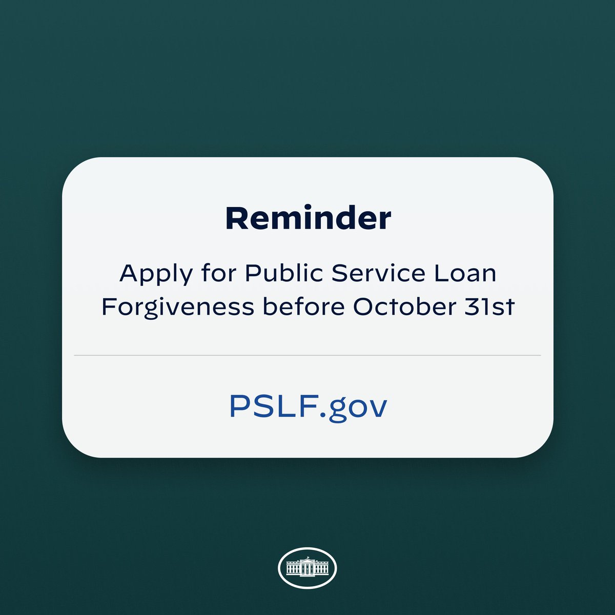It’s easier than ever for borrowers working in public service to receive loan forgiveness under temporary changes made by this Administration to the Public Service Loan Forgiveness Program. Apply by October 31. Learn more at PSLF.gov.