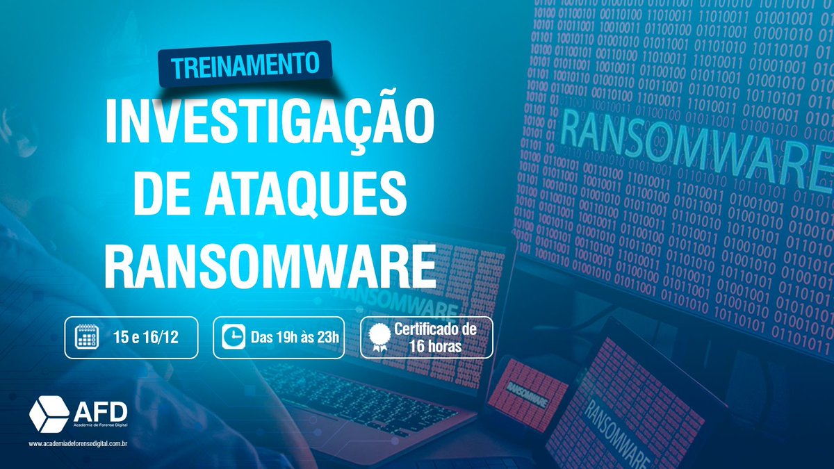 AFD_Forense's tweet photo. 🔎 Investigação de Ataques Ransomware

O treinamento irá capacitar o aluno a compreender como acontecem os ataques de sequestro de dados, desde sua história, passando por metodologias de Resposta a Incidentes e Threat Intelligence até a Investigação Forense. https://t.co/aw0ctSU4MK
