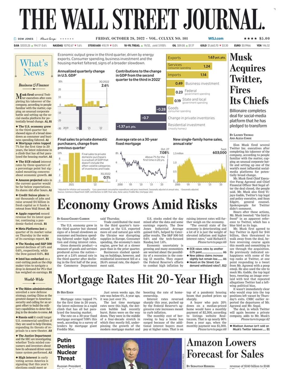 The front page of The Wall Street Journal this morning.
Friday, October 28 2022.