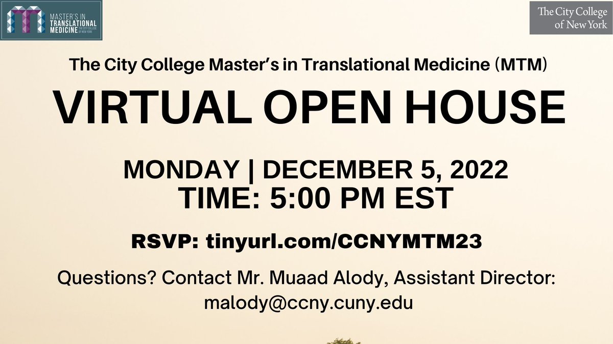 ccnymtm's tweet photo. Please join us Monday, December 5, 2022 for an online informational meeting on the City College’s Master's in Translational Medicine (MTM). Make sure you RSVP at https://t.co/rU3RFCxicS 

Thank you! #Medicaldevices #technology #translationalmedicine #MTM #innovation https://t.co/vpaMx2PCi6