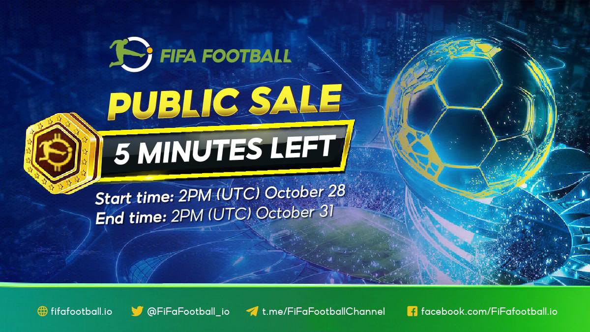 🚀🚀🚀 PUBLIC SALE IN 5 MINUTES 🚀🚀🚀

♾Only 5 minutes left until the presale, prepare  your bags and we'll go to the moon.

📌Public Sale Date: 2 PM October 28th (UTC)
📌Total Sell: 625.000 FIFAC
📌Token Price: $0.08

📌 Public Sale Link : ido.fifafootball.io