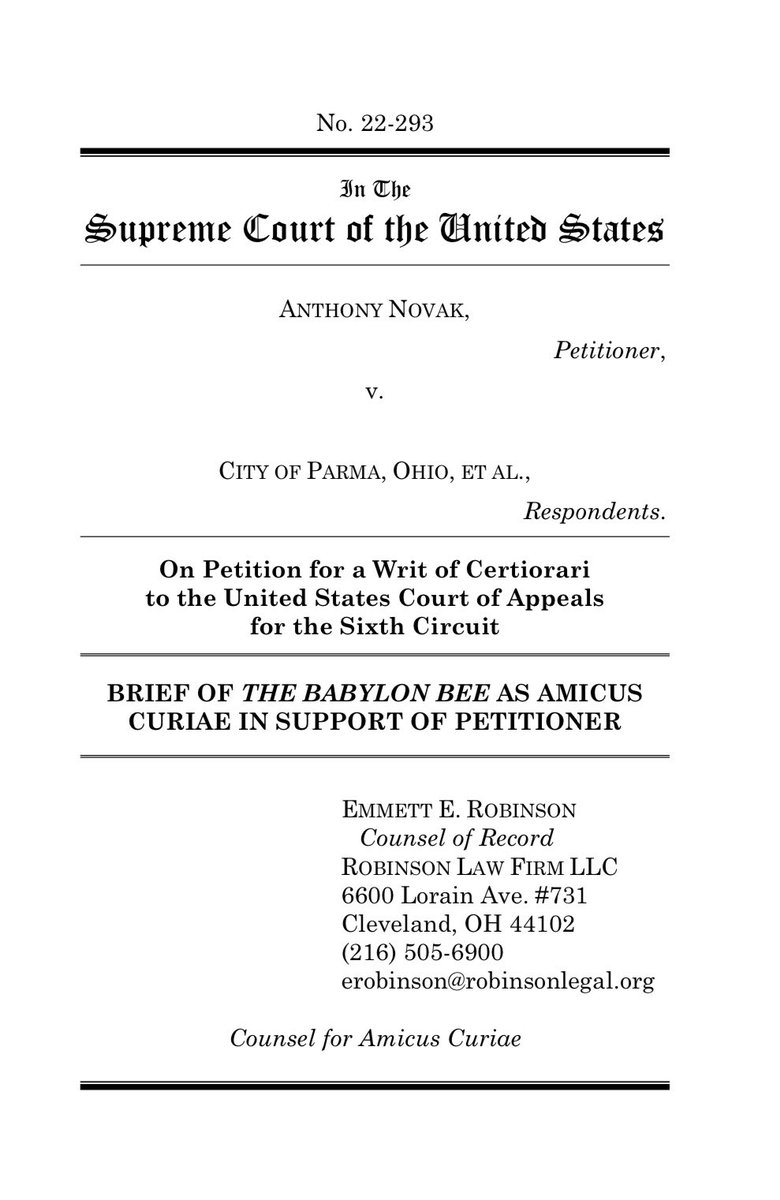pjaicomo's tweet photo. Today the @TheBabylonBee joined its rival @TheOnion to support @IJ’s cert petition in Novak v. Parma. The Bee explains that the 6th Cir’s application of #QualifiedImmunity to police who arrested a man who made fun of them on Facebook imperils #FreeSpeech.
https://t.co/cdnh8GccnT https://t.co/EiOsjzICS2