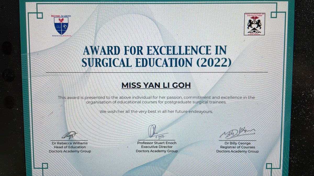 Pleased to inform that Ms Y L Goh, StR Gen Surg in the Midlands won this excellence award for her outstanding regular contribution to teaching &amp; organising surgical courses. She runs FRCS A course as well as teaching in BSS, MRCS &amp; ESSSiT courses. We wish her all the very best.