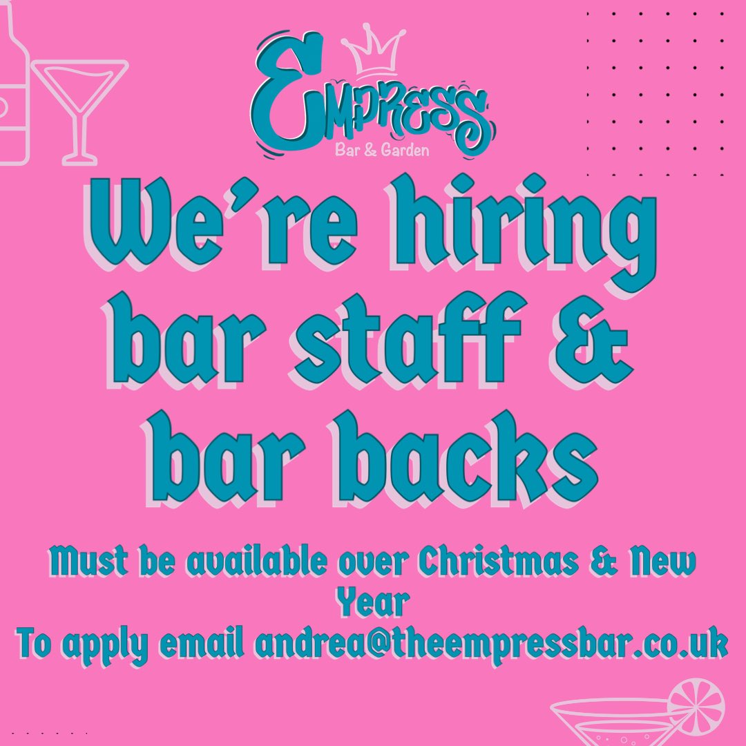 Empress Bar, Newcastle is looking to recruit even more delightful people to join our amazing team.

We are looking for people who are either experienced or keen to learn

These positions are strictly for over 18s only

To apply email Andrea@theempressbar.co.uk