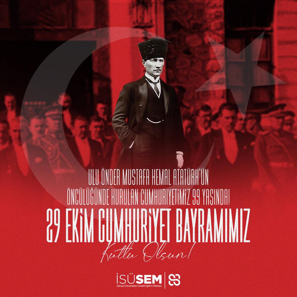 Ulu Önder Mustafa Kemal Atatürk ile birlikte büyük Türk ulusunun kurduğu Türkiye Cumhuriyeti'nin 99. yıl dönümü heyecanını ve gururunu yaşamaktayız.
 
Cumhuriyet bayramınızı en içten duygularımızla kutlarız.

#29ekimcumhuriyetbayramı