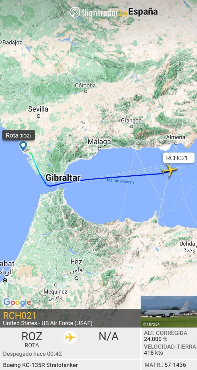 MilRadar's tweet photo. 🇺🇸 2x #USAF KC-135R Stratotanker 60-0335 del #351stARS desde #Morón y 57-1436 del #151srARS desde #Rota, con rumbo E sobrevuelan el mar de #Alborán https://t.co/T6LnUKoF90