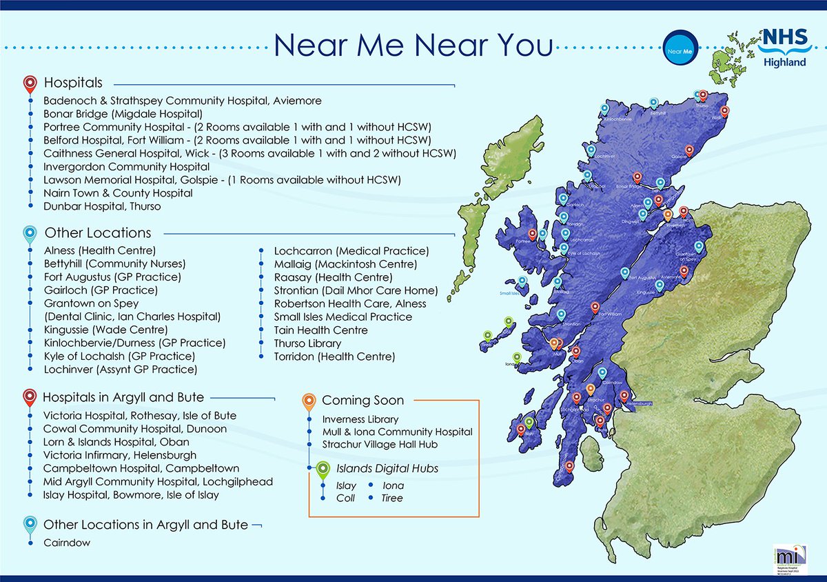 If you don't have a fast internet connection at home but want to use Near Me, you can access the service from some GP surgeries and other locations across Highland and Argyll & Bute! Check out the map below to find a Near Me room near you! More info ➡️ nhsh.scot/nhsnearme