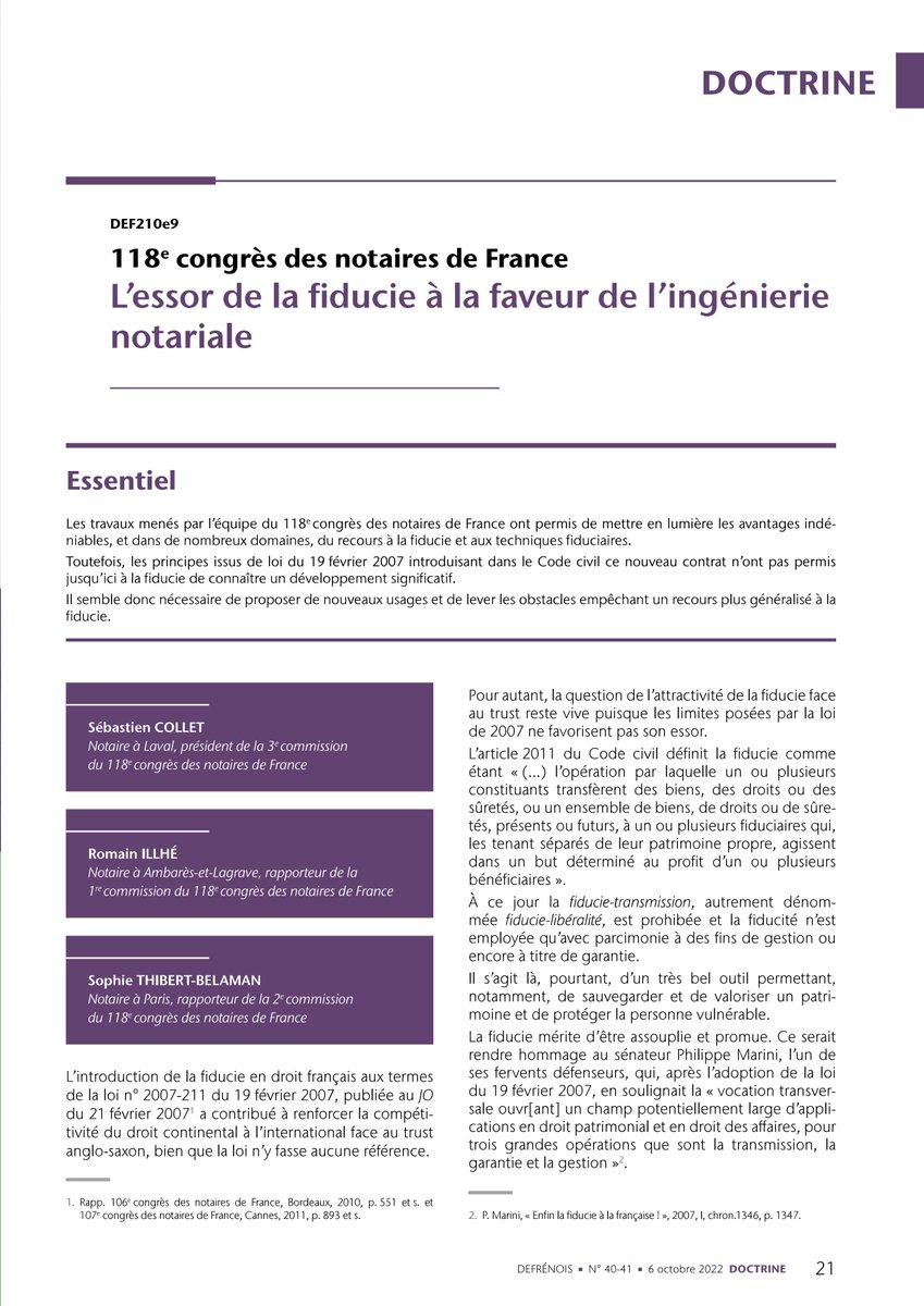 CongresNotaires's tweet photo. [Article] Retour sur le 118e #CongresNotaires 2022, dans le Defrénois du 6 oct @LextensoNotaire. Proposition commune aux 3 commissions #Immobilier #Entreprise #Famille 
- L'essor de la fiducie à la faveur de l'ingénierie notariale
Par : Romain ILLHE, @SBelaman, Sébastien COLLET https://t.co/vKVVviQNt5