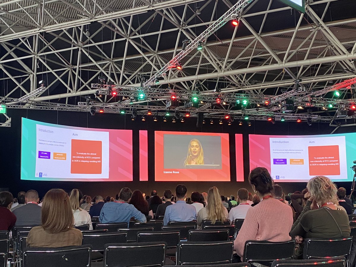 vjokubaitis's tweet image. Izanne Roos presenting a non-inferiority study of ocrelizumab and rituximab on behalf of the @MSBase_Registry and the Danish registry