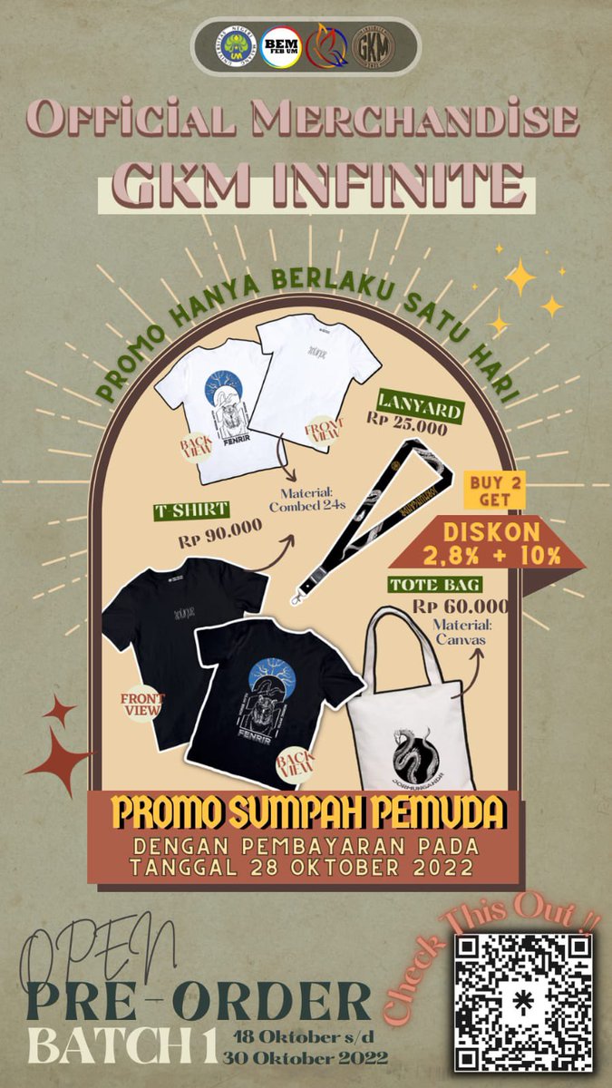 Halo norpeeps🙋‍♂️
SELAMAT HARI SUMPAH PEMUDA buat pemuda pemudi Indonesia🫡

Mumpung lagi memperingati Hari Sumpah Pemuda, Mindiks mau ngasih info gembira nih📢
Dengan membeli 2 Merchandise GKM, norpeeps bakalan dapet diskon 2,8% + 10%
Yuk diorder buat norpeeps biar makin awet muda