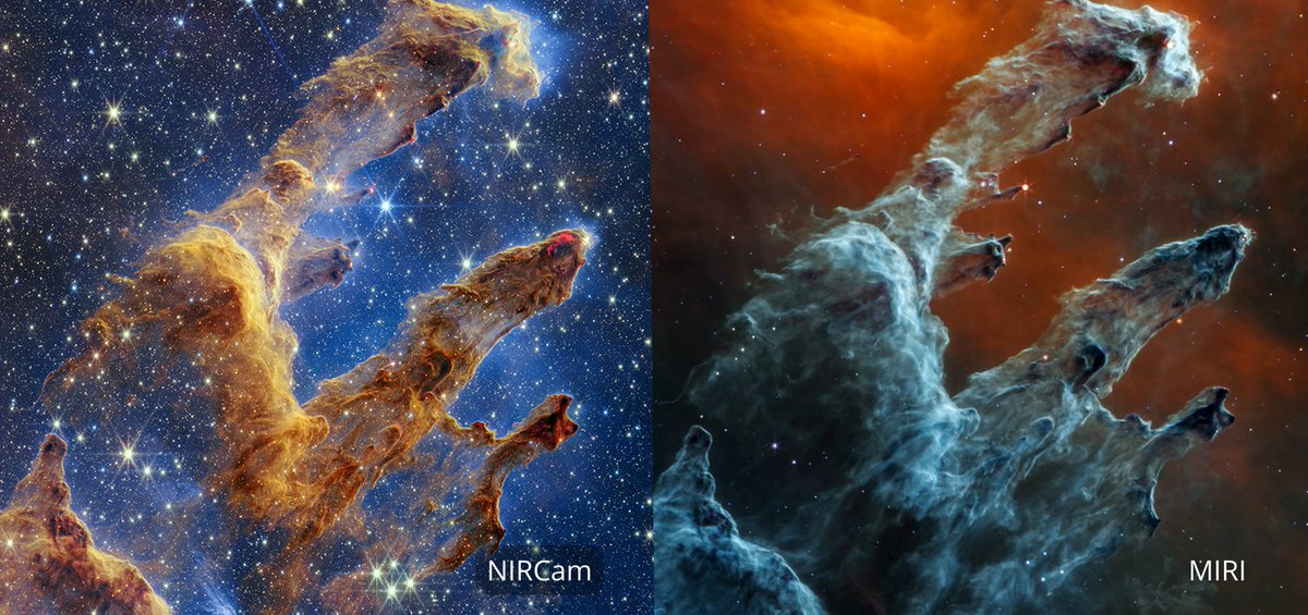 Scared of the dark? We didn’t turn the lights out! The baby stars in Webb’s near-infrared view (L) just aren’t easy to see in mid-infrared light (R). Instead, MIRI sees young stars with dusty cloaks — the red orbs at the pillars’ fringes — as well as scattered, aging blue stars.