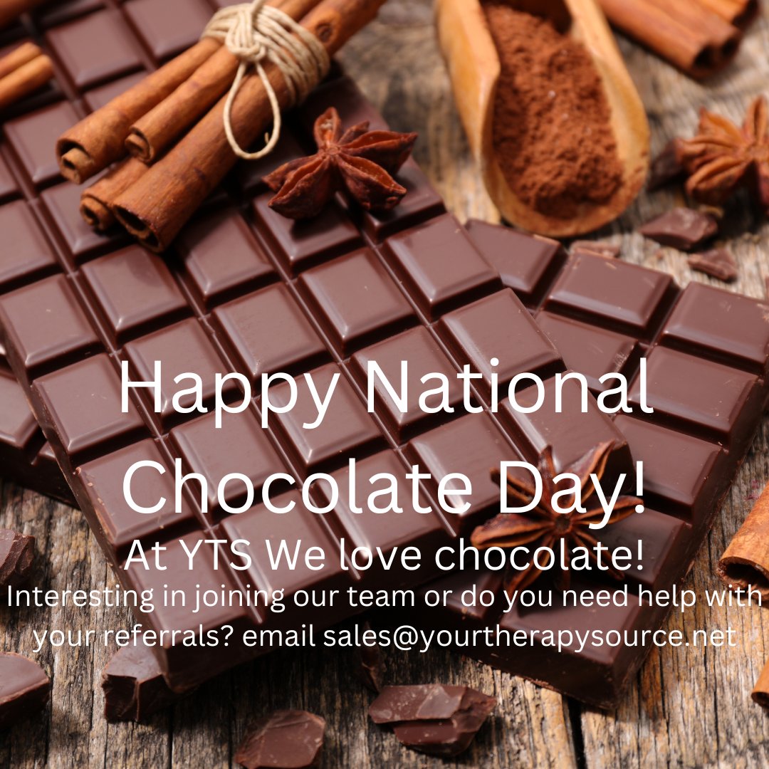 YTSource's tweet photo. Happy National Chocolate Day! Need help with your referrals? Email sales@yourtherapysource.net. Need help increasing your caseload? Email recruiting@yourtherapysource.net. https://t.co/rXIJrLcsC5