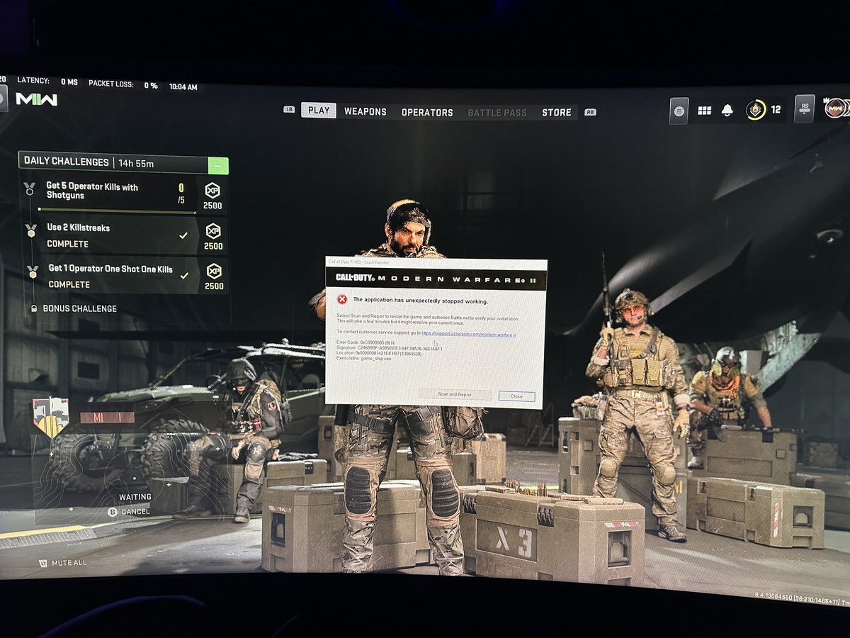 CoryinHD's tweet photo. I don’t understand how there is some major issue every year. @ATVIAssist @Activision @Blizzard_Ent @ATVI_AB can someone please figure out what the deal is here? Every time I’m about to load into a match the game crashes. #CallofDuty #CallofDutyModernWarfare2 #cod #CoDMW2 https://t.co/AgeYHUcOOV