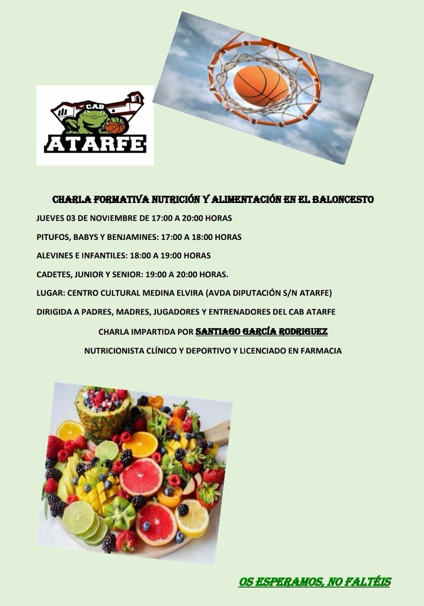 CAB ATARFE (@cabatarfe) on Twitter photo 👉CHARLA NUTRICIONAL 0️⃣3️⃣ de noviembre <a href="/CABAtarfe/">CAB ATARFE</a> dirigida a jugadores, padres, madres y entrenadores de nuestro club impartida por Santiago García Rodríguez nutricionista clínico y deportivo.
🏀🏀🍇🥑🍅🍊🍏🍐, deporte y alimentación unidos como hábitos de vida saludable. 👉CHARLA NUTRICIONAL 0️⃣3️⃣ de noviembre <a href="/CABAtarfe/">CAB ATARFE</a> dirigida a jugadores, padres, madres y entrenadores de nuestro club impartida por Santiago García Rodríguez nutricionista clínico y deportivo.
🏀🏀🍇🥑🍅🍊🍏🍐, deporte y alimentación unidos como hábitos de vida saludable.