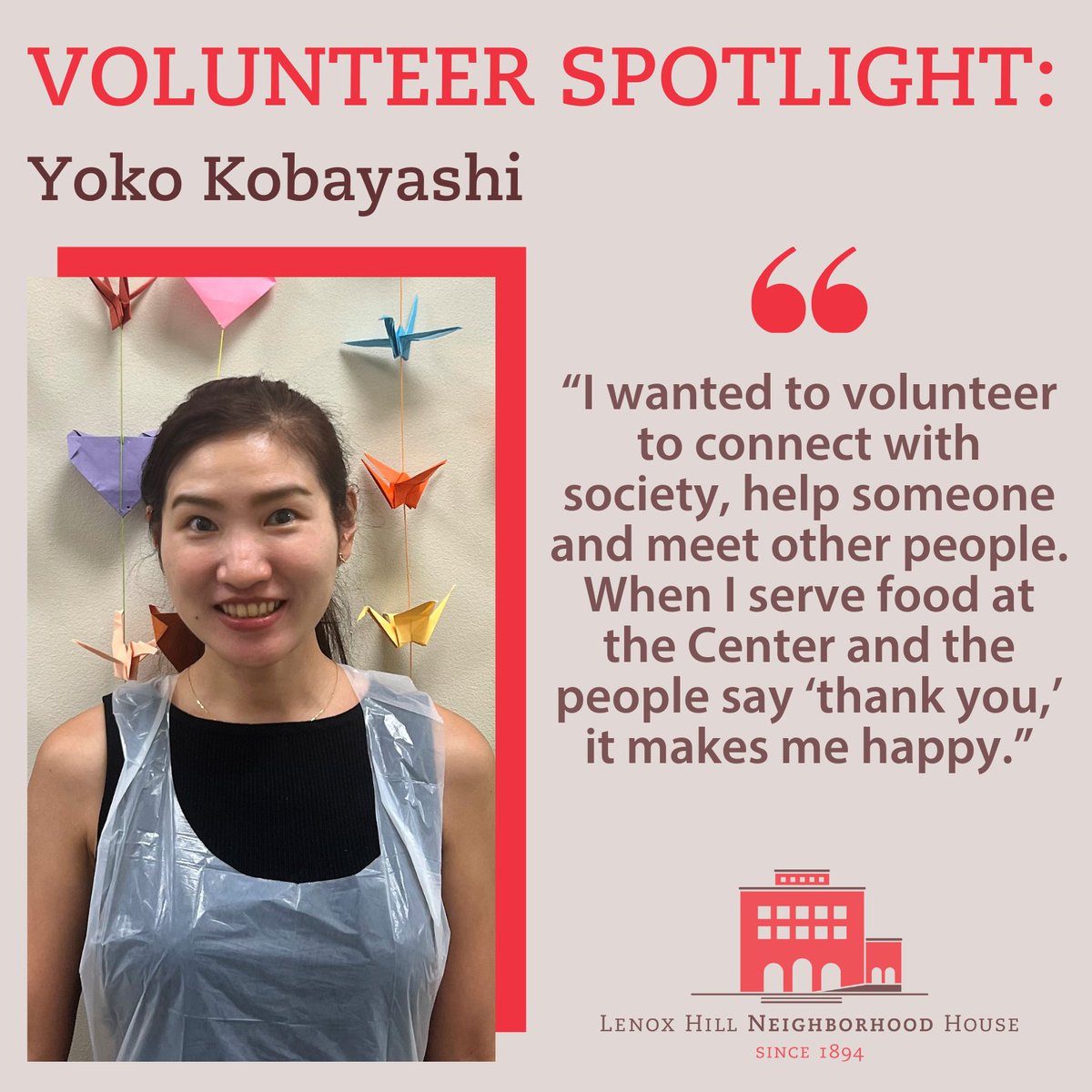 Yoko moved from to NYC in 2020 and quickly discovered our English for Speakers of Other Languages classes. Looking to become more involved, Yoko began to #volunteer with us and now serves lunch at our Older Adult Center! Learn more about #volunteering at lenoxhill.org/volunteer.