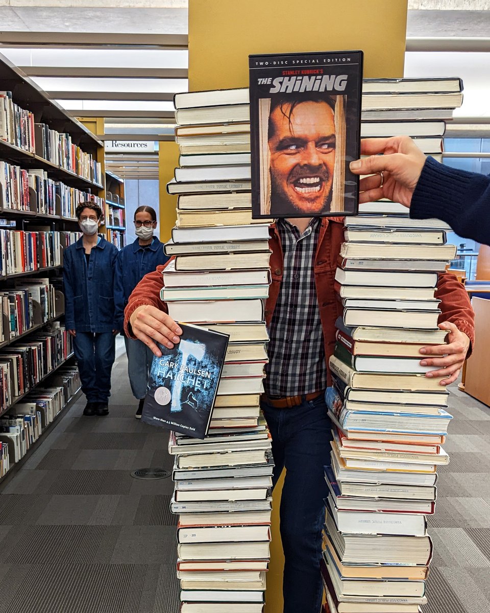 VPL's tweet photo. Heeere's Johnny's.... holds! Better hurry, looks like there's a lineup waiting after you for those books.😳😳

Happy #BookfaceFriday. Join the “shining” happy people who use the VPL website and app to add unlimited holds, pause them if you’re not ready and more! #IYDKNYK https://t.co/ocl8IyEtiR
