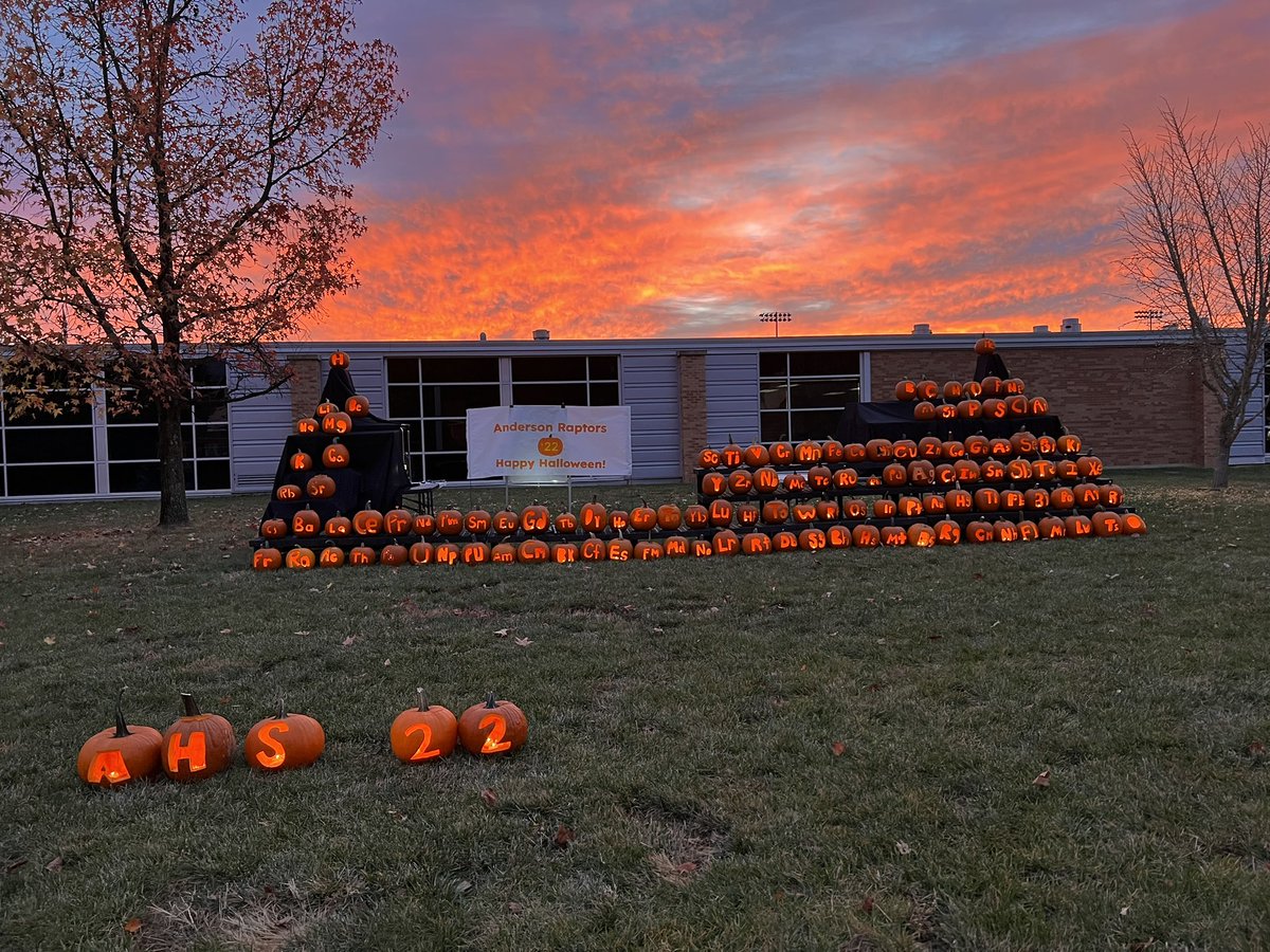 JustinGood's tweet photo. Celebrating Halloween a few days early with our Periodic Table of Pumpkins! Happy Halloween from the AHS Chemistry classes! @AmerChemSociety #RealTimeChem #chemtwitter https://t.co/AVe8zX4LaZ