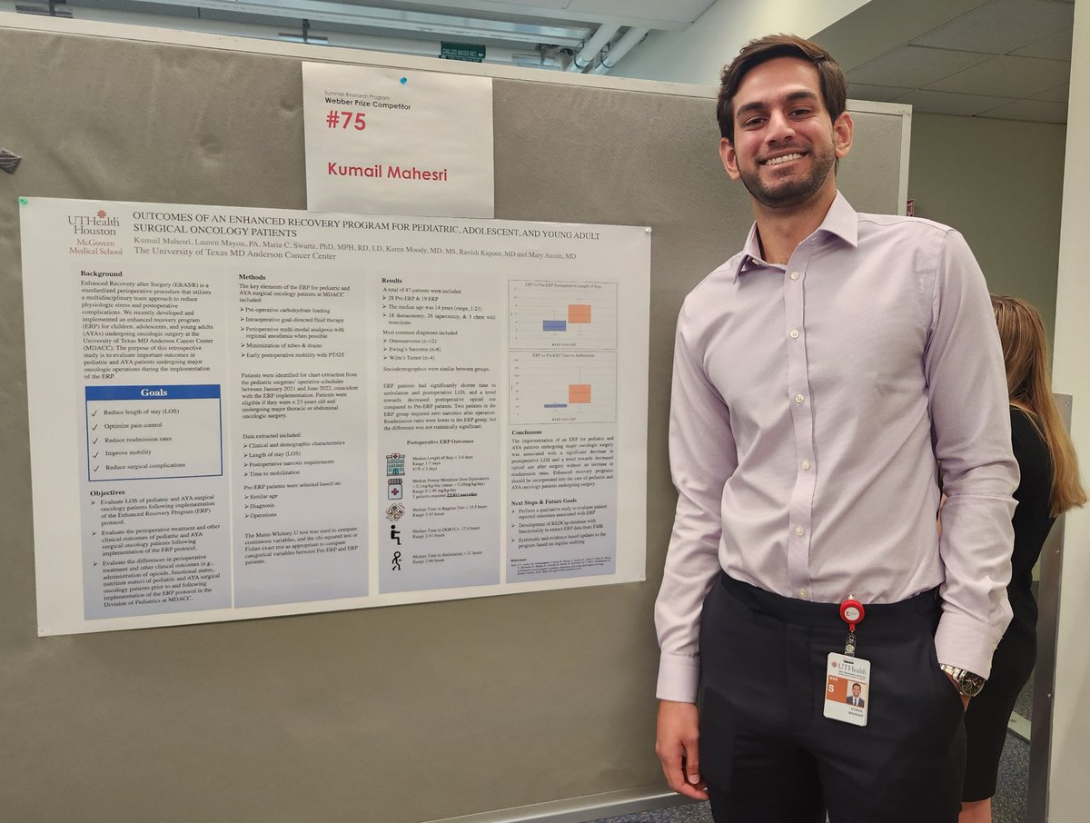 Mary Austin (@maustinpedisurg) on Twitter photo Our MS-2 <a href="/KumailMahesri/">Kumail Mahesri</a> had a very productive summer research experience studying the benefit of an enhanced recovery program for children undergoing cancer surgery. <a href="/McGovernMed/">McGovern Med School</a> <a href="/MDAndersonNews/">MD Anderson Cancer Center</a> <a href="/PediSurgeryUTMB/">UTMB Pediatric Surgery</a> #PedSurgBestSurg #OncSurgery <a href="/KarenMoody/">Karen Moody MD</a> <a href="/MariaSwartzPhD/">Maria Swartz, PhD, MPH, RD, LD</a> Our MS-2 <a href="/KumailMahesri/">Kumail Mahesri</a> had a very productive summer research experience studying the benefit of an enhanced recovery program for children undergoing cancer surgery. <a href="/McGovernMed/">McGovern Med School</a> <a href="/MDAndersonNews/">MD Anderson Cancer Center</a> <a href="/PediSurgeryUTMB/">UTMB Pediatric Surgery</a> #PedSurgBestSurg #OncSurgery <a href="/KarenMoody/">Karen Moody MD</a> <a href="/MariaSwartzPhD/">Maria Swartz, PhD, MPH, RD, LD</a>