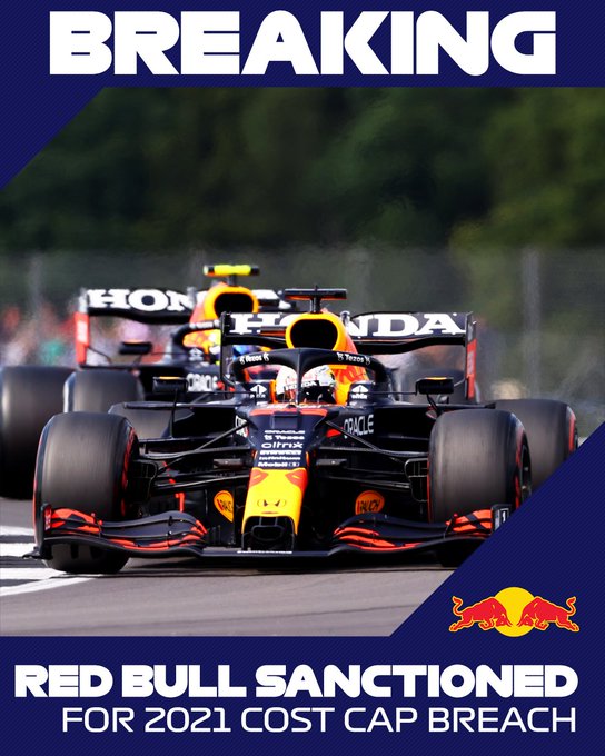 A dark blue graphic which reads: "BREAKING: Red Bull sanctioned for 2021 cost cap breach." A photo of the two Red Bulls of Sergio Perez and Max Verstappen can be seen in the graphic.