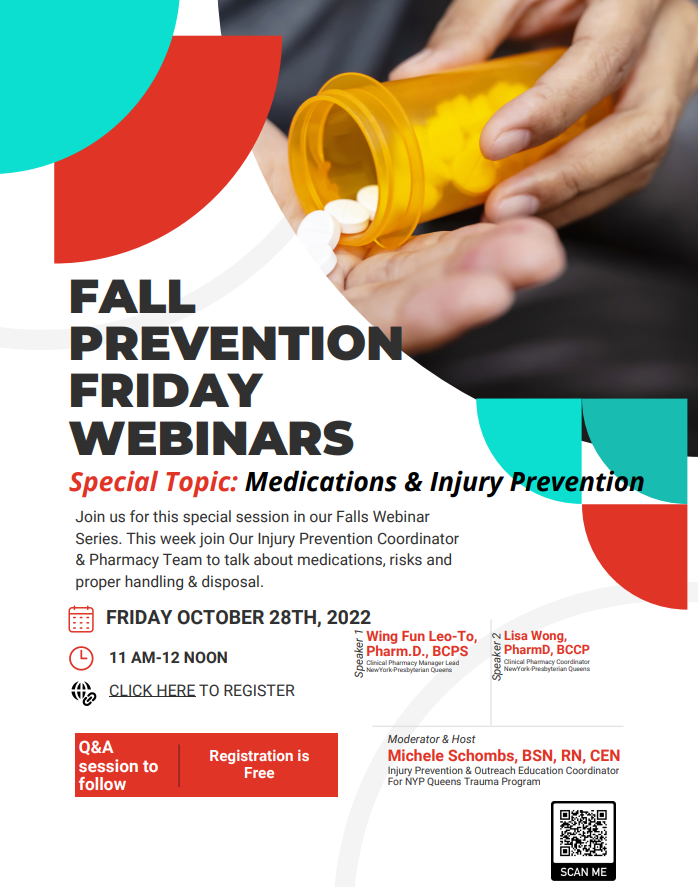 This week's Fall Friday session, join us for a chat with our Pharmacy Colleagues about Injury Risk &amp; Medications. Today starting at 11am!  
<a href="/nyphospital/">NewYork-Presbyterian</a> <a href="/QueensPX/">Queens PX</a> <a href="/CXPan55/">Cynthia X Pan</a> @PFSaldinger #injuryprevention #medicationsafety #healtheducation

nyph.zoom.us/s/95290518649?…
