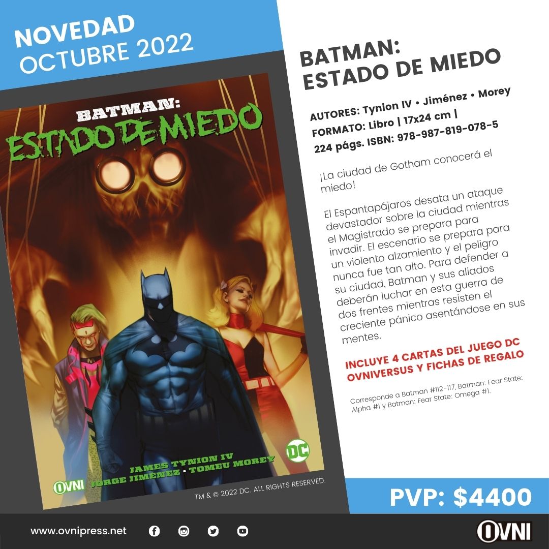 Ovnipressedit's tweet photo. [ADELANTO] ¡EL VIERNES 4 DE NOVIEMBRE llegará a las tiendas BATMAN: ESTADO DE MIEDO! 

¡INCLUYE 4 CARTAS DEL JUEGO DC OVNIVERSUS Y FICHAS DE REGALO! ¡Encargalo ya en tu tienda amiga! 😉🔥🔥🔥 

#dccomics #Batman #FEARSTATE #ADELANTO #NOVEDADES #NOVIEMBRE #OVNIPRESS https://t.co/tSOlCDMZLl