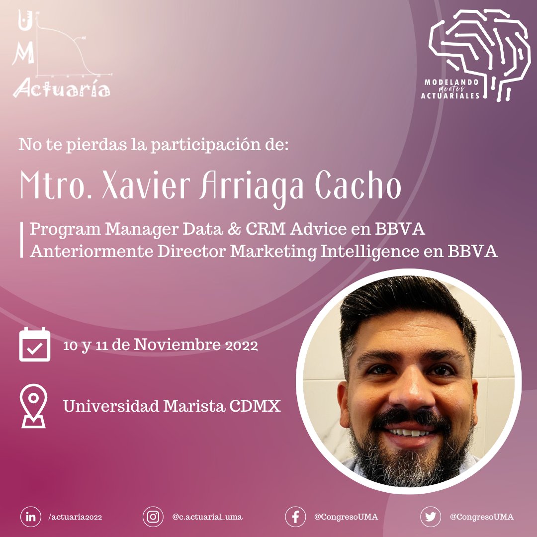 CongresoUMA's tweet photo. ¡Bienvenido Mtro. Xavier Arriaga Cacho!

Conoce al Mtro. Xavier Arriaga Cacho, quien forma parte de nuestro panel de talleristas en este Congreso Actuarial 2022: Modelando Mentes Actuariales. https://t.co/DsURZIfF4U