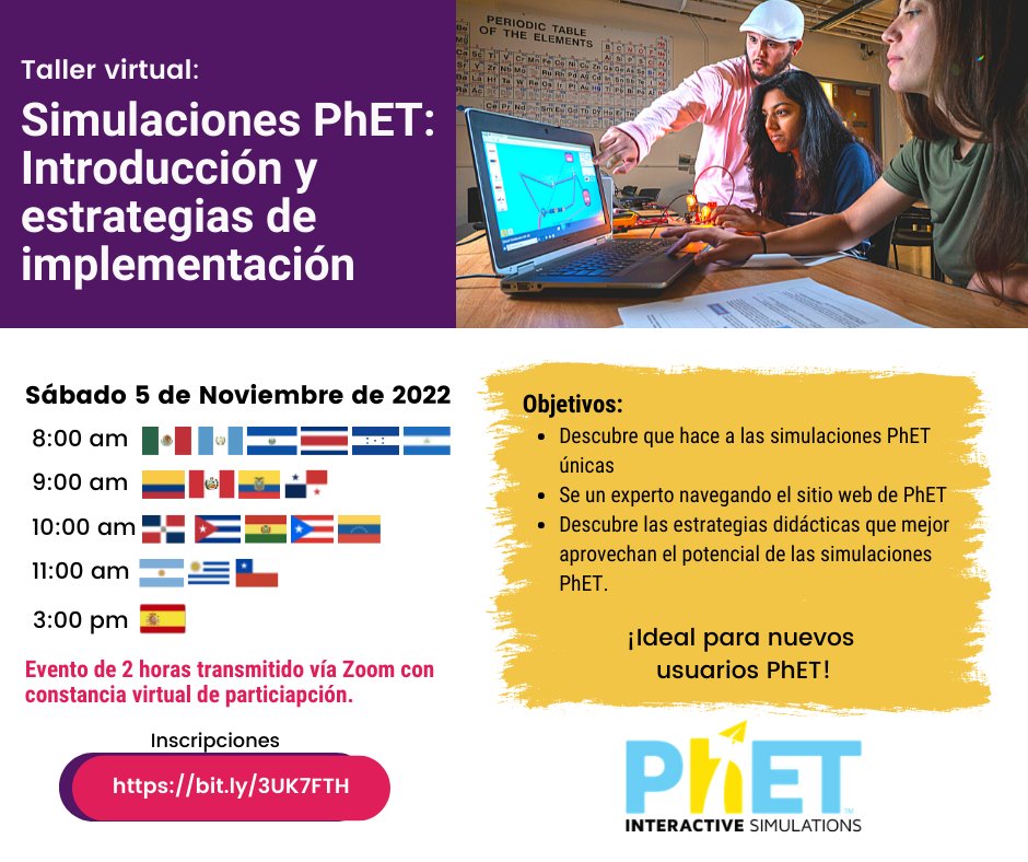 ¿Nuevo usando <a href="/PhETsims/">PhET Sims</a> ? Entonces este taller virtual es perfecto para ti!! 
Regístrate aquí y pasa la voz: bit.ly/3UK7FTH
