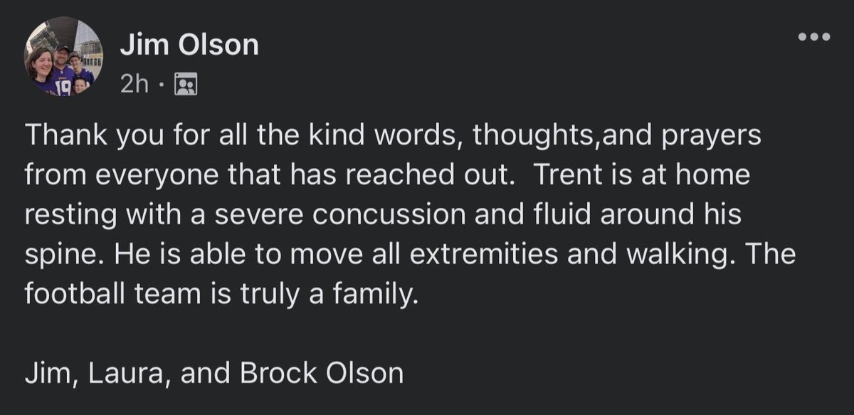 Update from the family of Trent Olson on his injury sustained at the football game last night.

Bulldog Nation, let’s keep Trent lifted up and cheer for a full and speedy recovery! 🐾