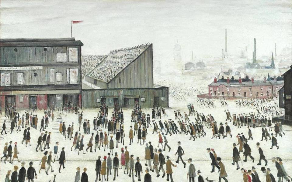 A picture of L.S. Lowry's 'Going to the match', showing hundreds of figures walking to a football stadium