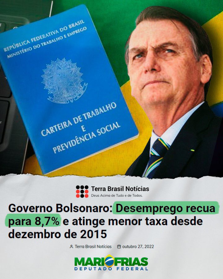 BolsonaroSP's tweet image. É o Brasil no rumo certo. A herança do PT foram cerca de 14 milhões de desempregados! Estamos vencendo e vamos vencer mais uma batalha dia 30🇧🇷