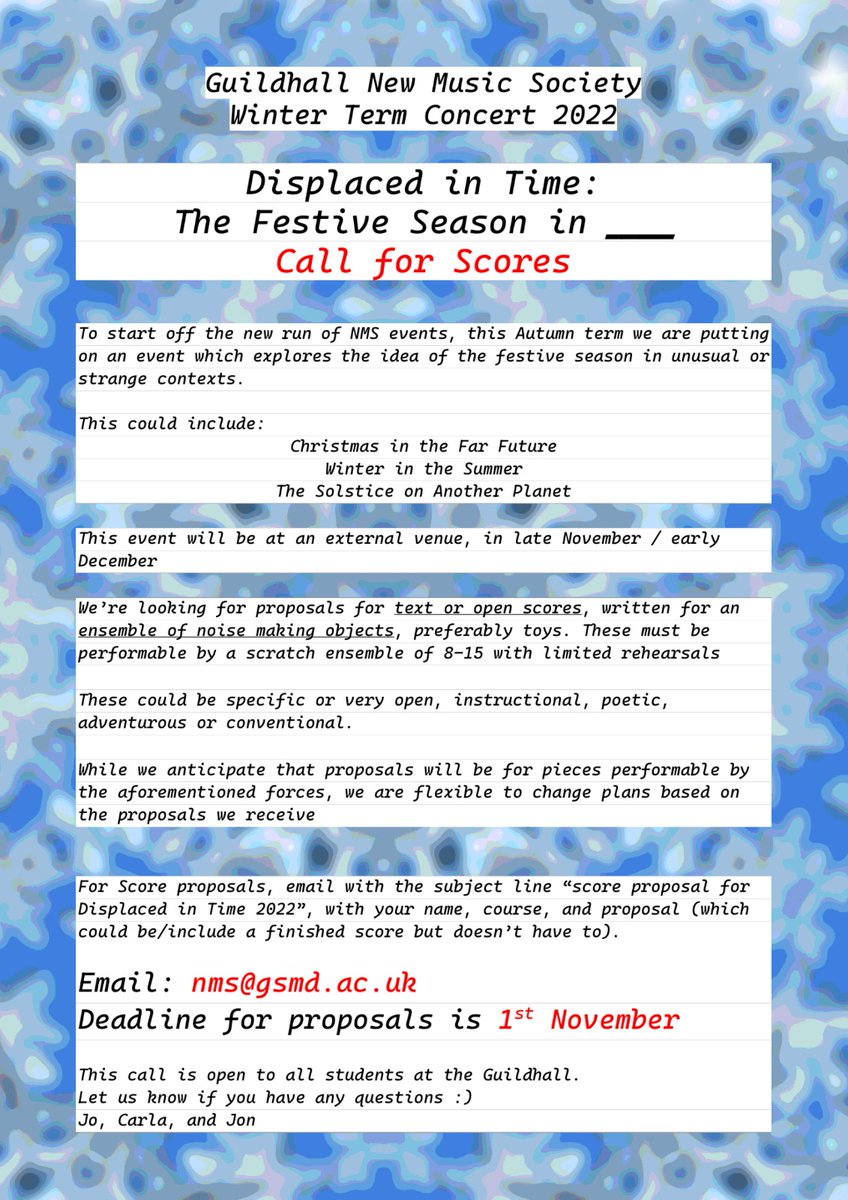 Calling all guildhall students ! we're looking for COMPOSERS & PERFORMERS to be part of our experimental ensemble for our winter term concert! see below (deadline soon) 🎅🏼🌞🚀