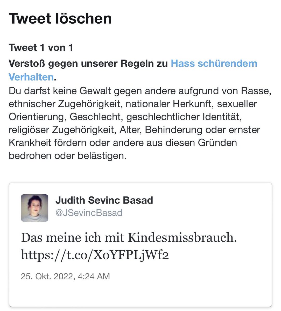 julius__boehm's tweet photo. Was ist bitte „Hass schürendes Verhalten“? In welchem Gesetzbuch steht dieser Tatbestand? Und wo ruft #JudithBasad hier zu Gewalt gegen wen auch immer auf, @TwitterDE? - Korrekt, nirgends. Zum Glück hört diese Willkür bald auf… https://t.co/duXKTmUMUV