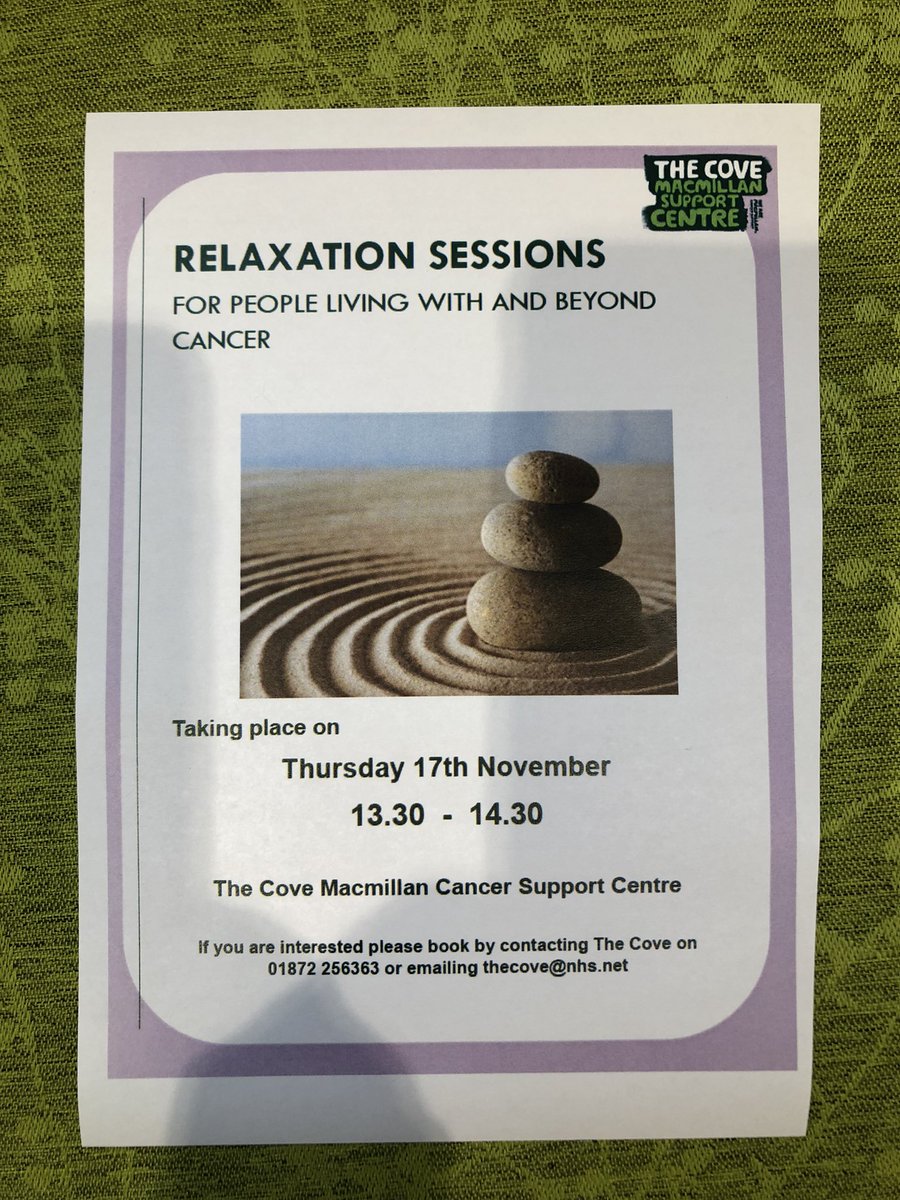 The Cove Macmillan Support Centre (@covemacmillan) on Twitter photo Relaxation Session for anyone affected by cancer
Thursday 17th November 13.30hrs
Please contact the Cove team for more information or to book
01872 256363 or email thecove@nhs.net @MacmillanSWest <a href="/RCHTWeCare/">Royal Cornwall Hospitals NHS Trust</a> <a href="/AgeUKCornwall/">Age UK Cornwall 🇺🇦🏳️🌈</a> Relaxation Session for anyone affected by cancer
Thursday 17th November 13.30hrs
Please contact the Cove team for more information or to book
01872 256363 or email thecove@nhs.net @MacmillanSWest <a href="/RCHTWeCare/">Royal Cornwall Hospitals NHS Trust</a> <a href="/AgeUKCornwall/">Age UK Cornwall 🇺🇦🏳️🌈</a>