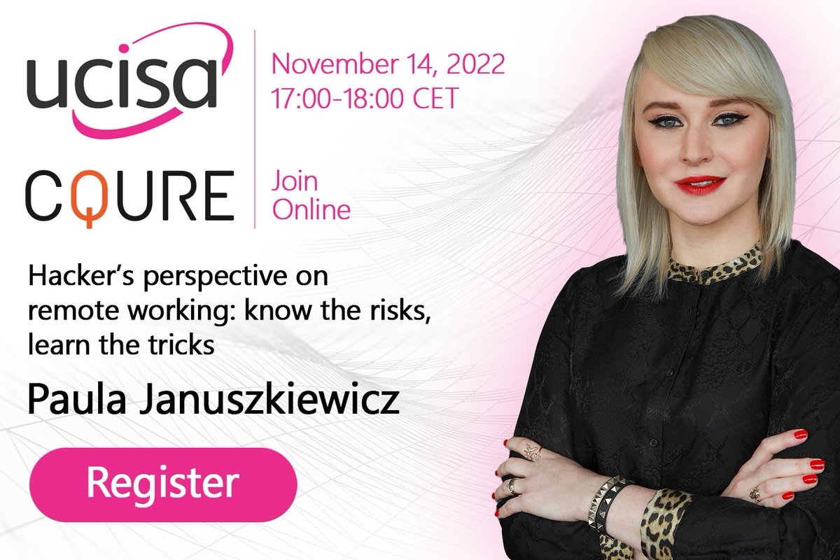 Did you know that 50% of employees globally are now working remotely from home for at least 2.5 days per week? 💻 Join @PaulaCqure for the @UCISA Webinar “Hacker’s perspective on remote working: know the risks, learn the tricks” 🔗Register: ucisa.ac.uk/Events/2022/No… #staycqure