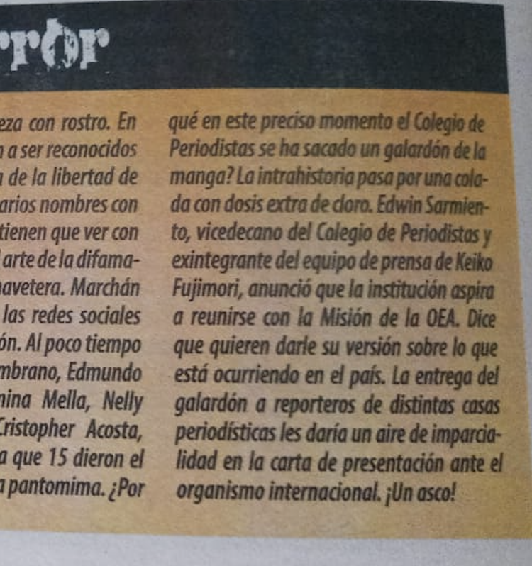 Hoy, @ensustrece ha publicado este dato sobre Edwin Sarmiento, vicedecano del adecuadamente abreviado @CPPperu: el señor fue exintegrante del equipo de prensa de Keiko Fujimori.