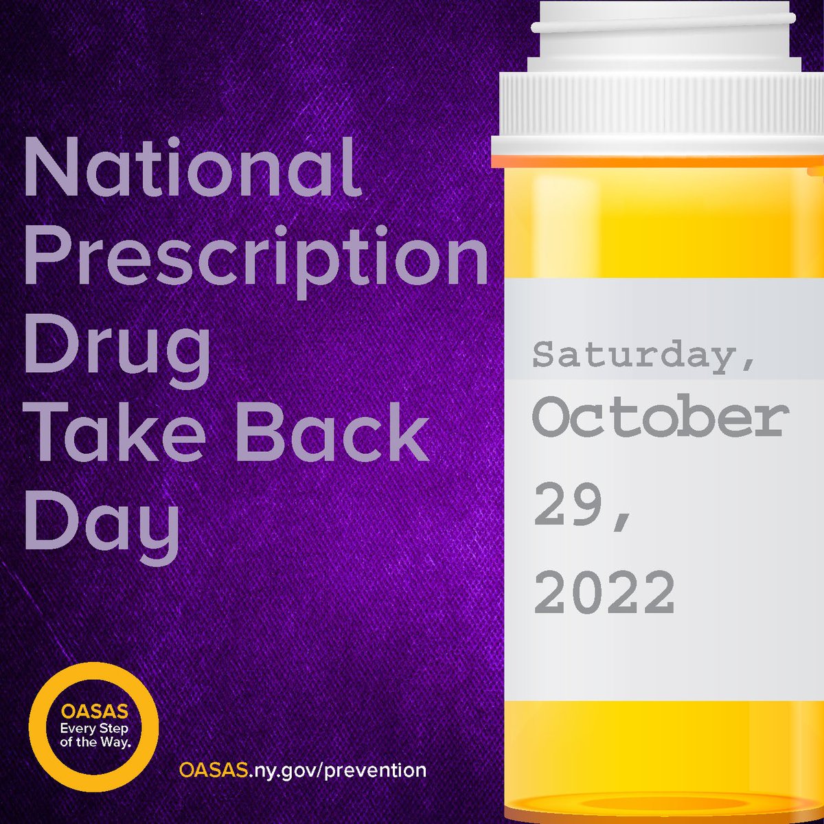 Saturday, October 29th from 10-2 is National Prescription Drug Take Back Day! Drug Take Back Day helps you safely dispose of unneeded medications in your home. Go to <a href="/NYSOASAS/">NYS OASAS</a>  for more information on how and where you can safely dispose of your prescription medications tomorrow!