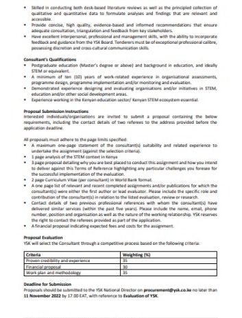 YSTKenya's tweet photo. #YSKenya calls  for proposals from interested parties  on a consultant  to conduct an Evaluation of Young Scientists Kenya (YSK).
Proposals should be submitted to https://t.co/jC73VyYMpO not later than  11th November 2022.

#YSK2022 #YSKat5 #YSKExhibition. https://t.co/U9P1XS25gx
