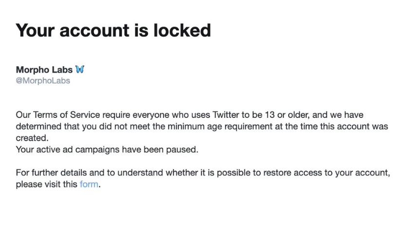One week later, <a href="/MorphoLabs/">Morpho 🦋</a> Twitter account is still locked because we set a date of birth to 1 yo ...

Every attempt to recover the account seems to have failed.

Now calling CT for rescue: #UnlockMorpho

@TwitterSupport @TwitterFrance