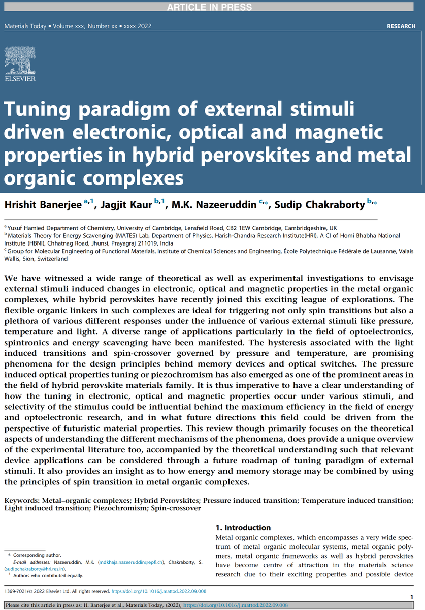 Our @MaterialsToday (Impact: 26.9) on external stimuli driven fundamental properties tuning in hybrid perovskites is just Accepted.
Big congrats to Hrishit, Jagjit and Prof. Nazeeruddin!
sciencedirect.com/science/articl…
Stay tuned with MATES Lab (sudiphys.wixsite.com/ceslab-sudip/r…) <a href="/AllahabadHri/">HRI Allahabad (Prayagraj)</a>